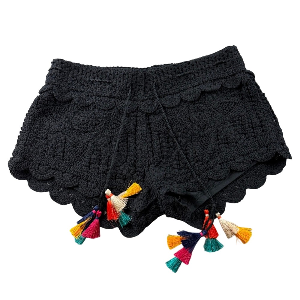 Surf Gypsy Shorts Women S Black Crochet Tassel Scalloped Drawstring Boho Hippie